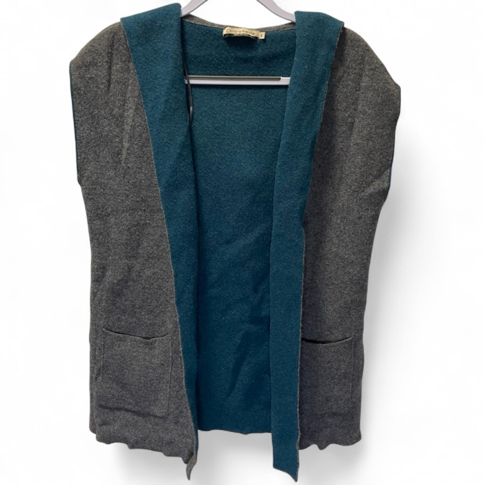 Chiaramente Reversible Wool Hooded Vest Gray Teal Women's Small Italy VTG - Picture 3 of 7
